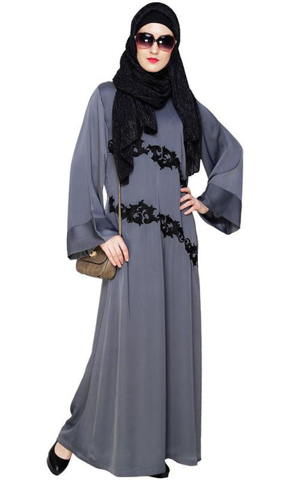 Fancy Embroidered Grey Dubai Style Abaya (Made-To-Order)