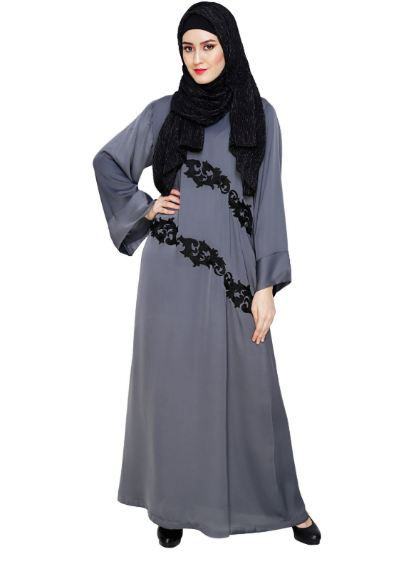 Fancy Embroidered Grey Dubai Style Abaya (Made-To-Order)