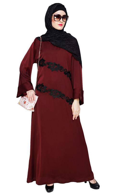 Fancy Embroidered Wine Dubai Style Abaya (Made-To-Order)