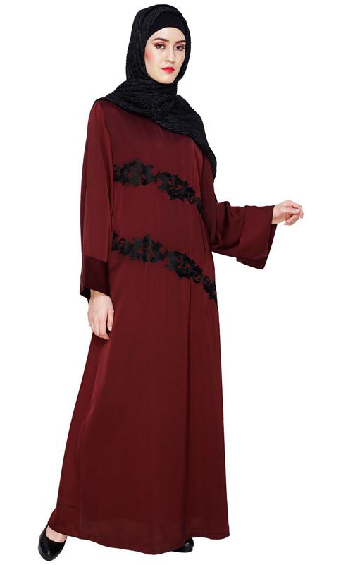 Fancy Embroidered Wine Dubai Style Abaya (Made-To-Order)