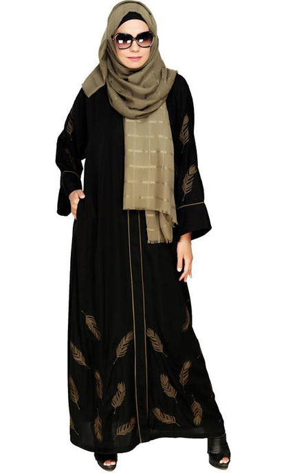 Feather Embroidered Dubai Style Black Abaya (Made-To-Order)