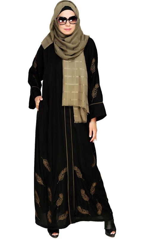 Feather Embroidered Dubai Style Black Abaya