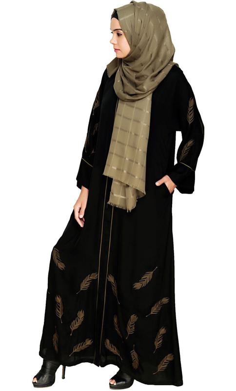 Feather Embroidered Dubai Style Black Abaya (Made-To-Order)