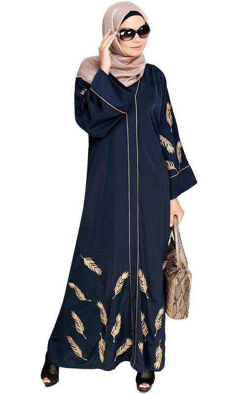 Feather Embroidered Dubai Style Blue Abaya (Made-To-Order)