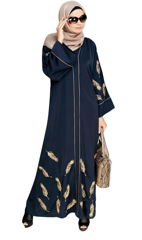 Feather Embroidered Dubai Style Blue Abaya (Made-To-Order)