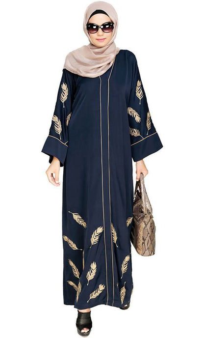 Feather Embroidered Dubai Style Blue Abaya (Made-To-Order)