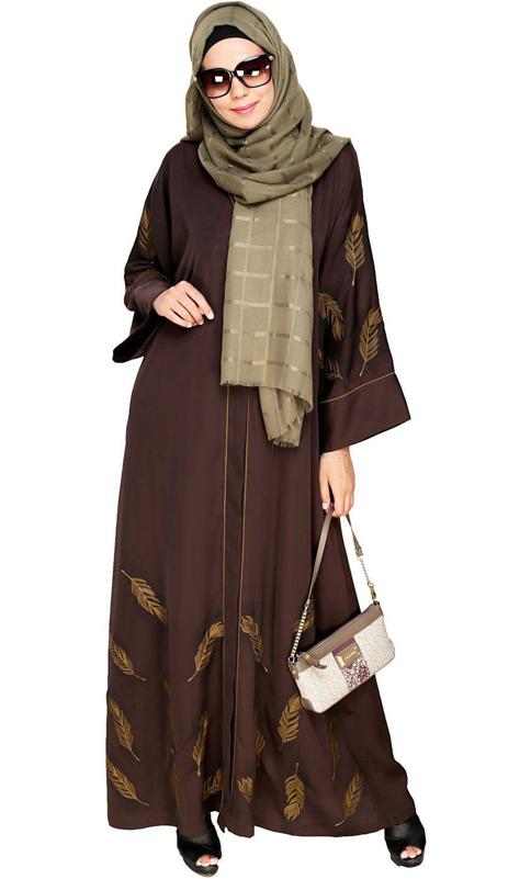 Feather Embroidered Dubai Style Dark Brown Abaya