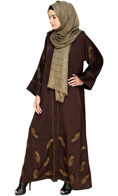 Feather Embroidered Dubai Style Dark Brown Abaya (Made-To-Order)