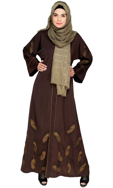 Feather Embroidered Dubai Style Dark Brown Abaya (Made-To-Order)