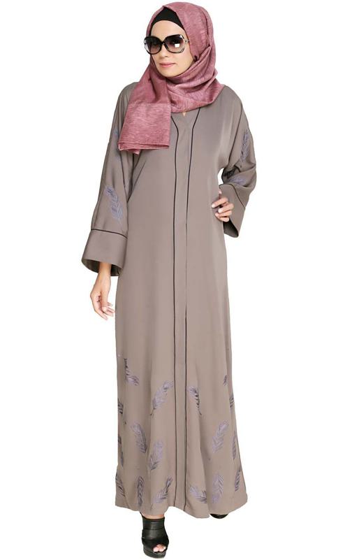 Feather Embroidered Dubai Style Light Brown Abaya