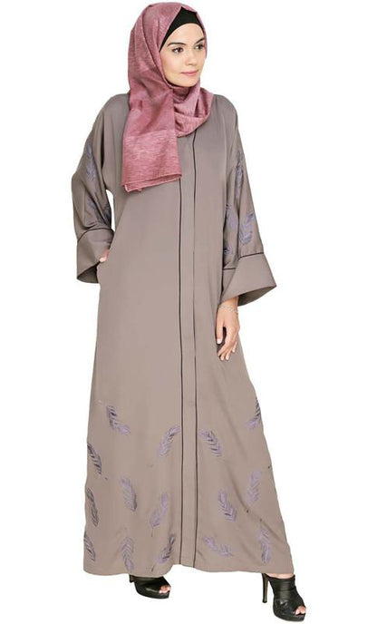 Feather Embroidered Dubai Style Light Brown Abaya (Made-To-Order)