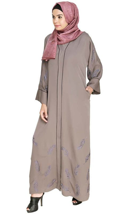 Feather Embroidered Dubai Style Light Brown Abaya (Made-To-Order)