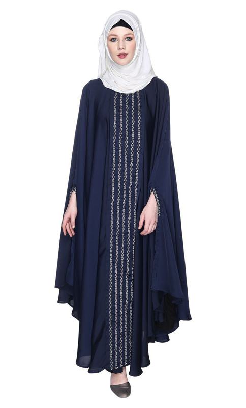 Festive Glittering Embroidered Kaftan In Blue (Made-To-Order)