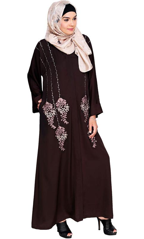 Floral Pendant Dubai Style Brown Abaya