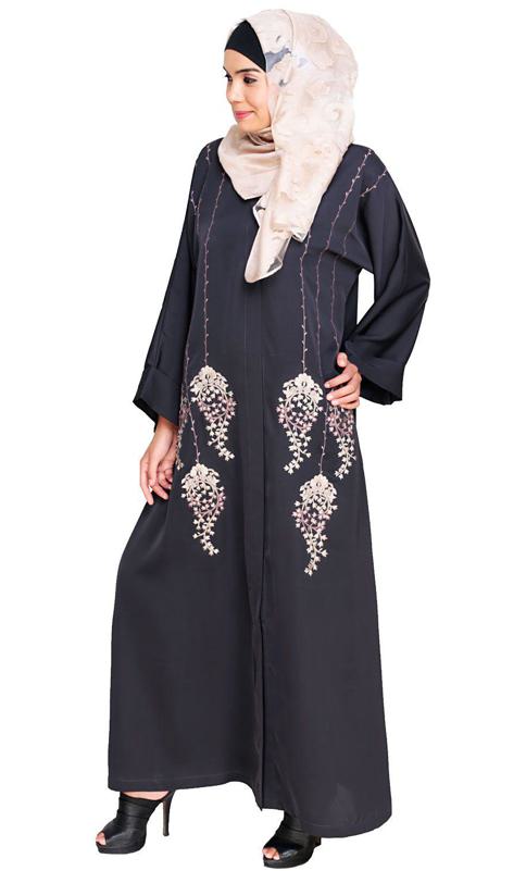 Floral Pendant Dubai Style Grey Abaya (Made-To-Order)