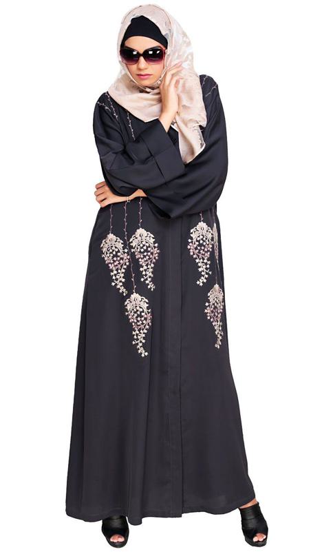 Floral Pendant Dubai Style Grey Abaya (Made-To-Order)