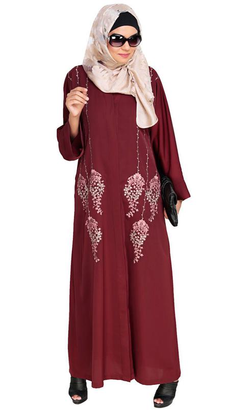Floral Pendant Dubai Style Wine Abaya