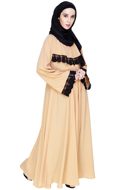 Flouncy Laced Dark Beige Abaya