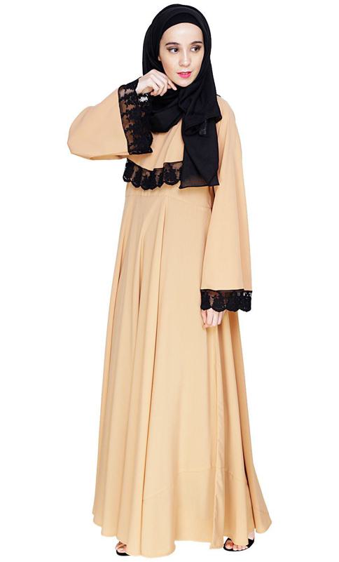 Flouncy Laced Dark Beige Abaya