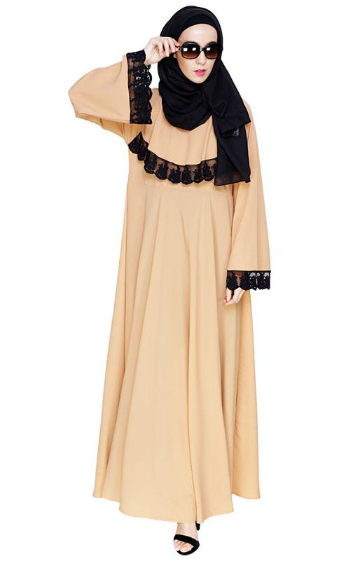 Flouncy Laced Dark Beige Abaya