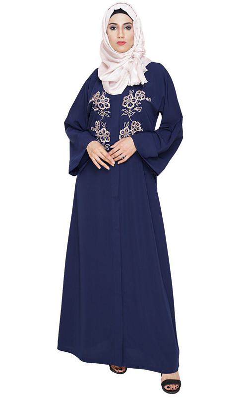 Floweret Embroidered Blue Dubai Style Abaya