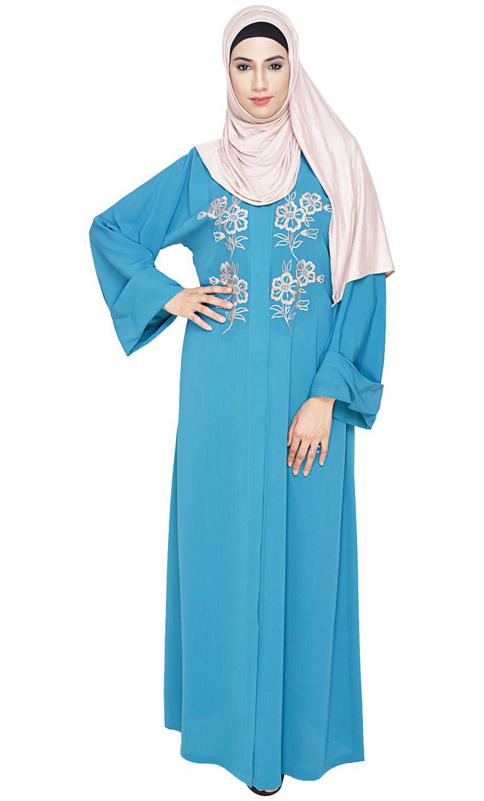 Floweret Embroidered Teal Blue Dubai Style Abaya