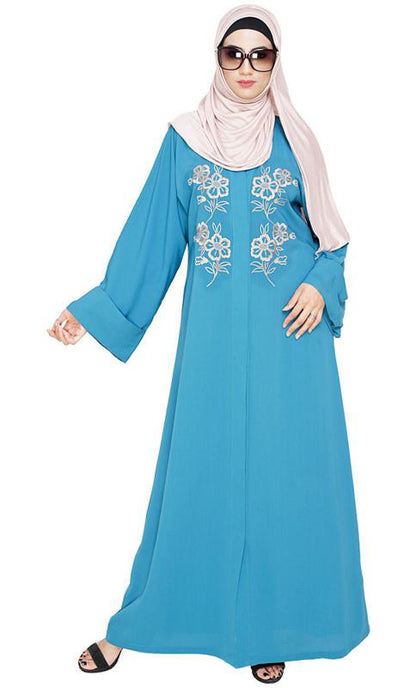 Floweret Embroidered Teal Blue Dubai Style Abaya