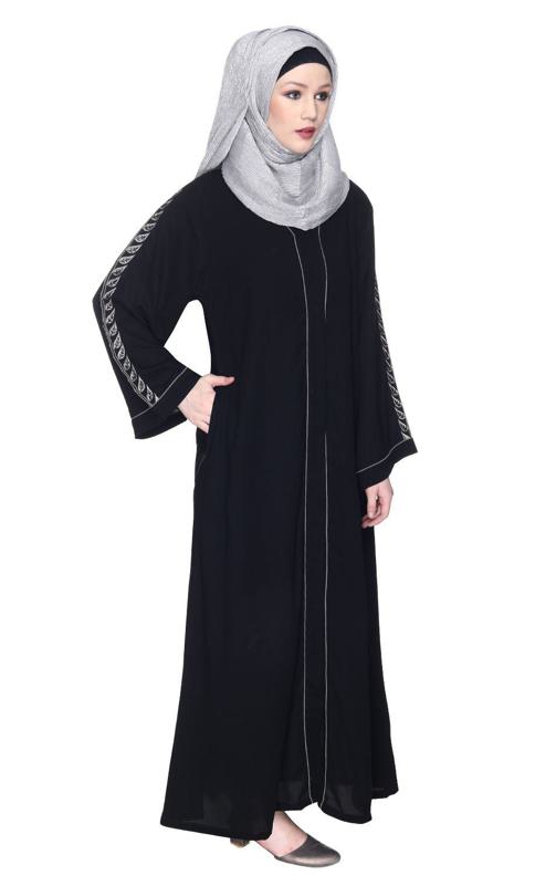 Formal Deep Black Abaya With Gleaming Embroidered Sleeves