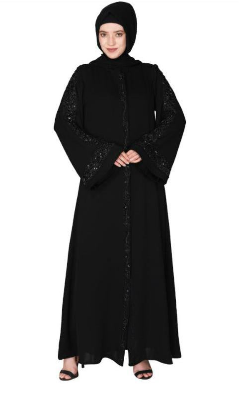 Gleaming Black Beaded Handwork Abaya