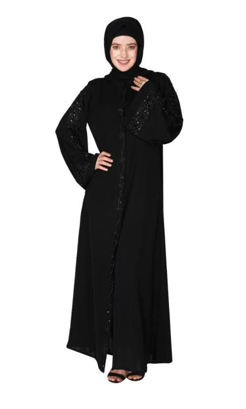 Gleaming Black Beaded Handwork Abaya