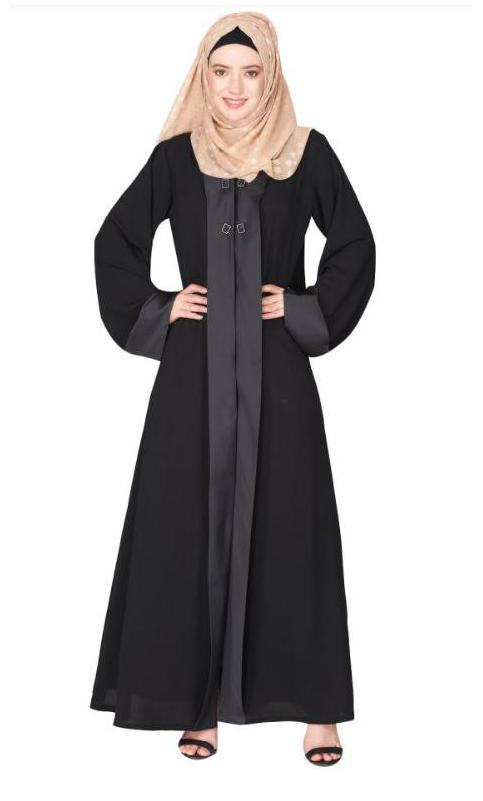 Graceful Curtains Style Front Open Black Abaya With Designer Show Buttons