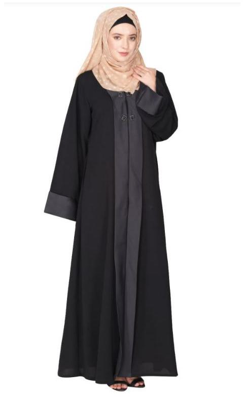 Graceful Curtains Style Front Open Black Abaya With Designer Show Buttons