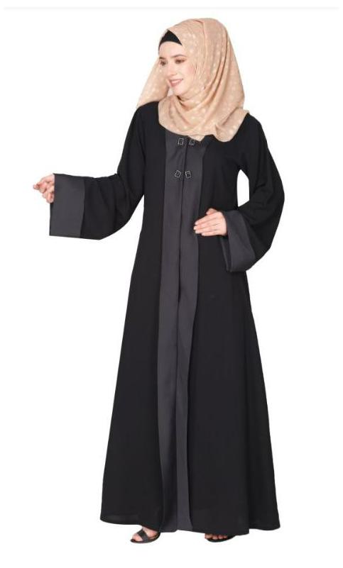 Graceful Curtains Style Front Open Black Abaya With Designer Show Buttons