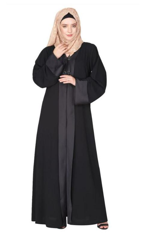 Graceful Curtains Style Front Open Black Abaya With Designer Show Buttons