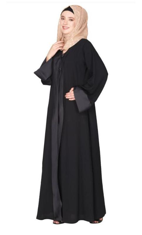 Graceful Curtains Style Front Open Black Abaya With Designer Show Buttons