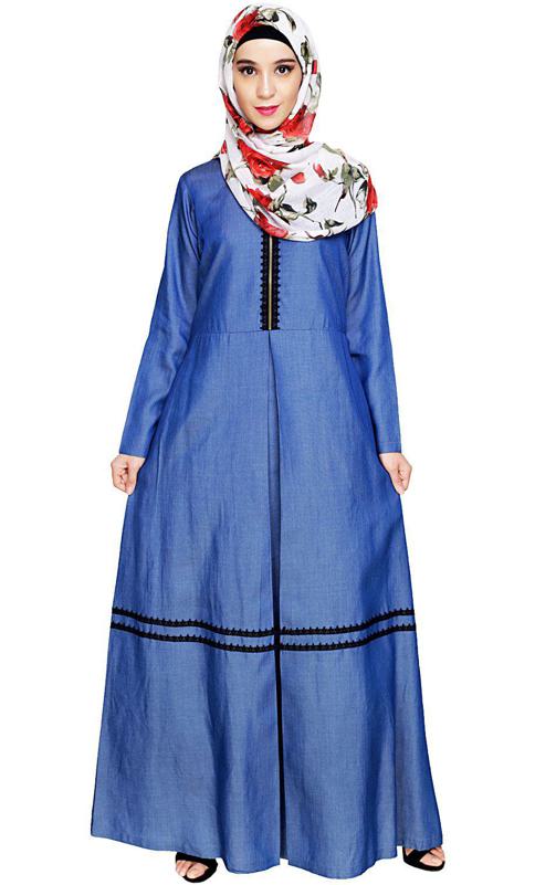 Graceful Lacy Dark Blue Denim Abaya