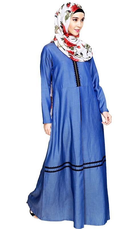 Graceful Lacy Dark Blue Denim Abaya