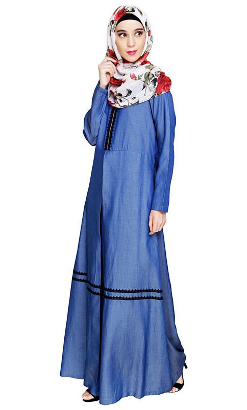 Graceful Lacy Dark Blue Denim Abaya