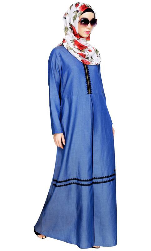 Graceful Lacy Dark Blue Denim Abaya