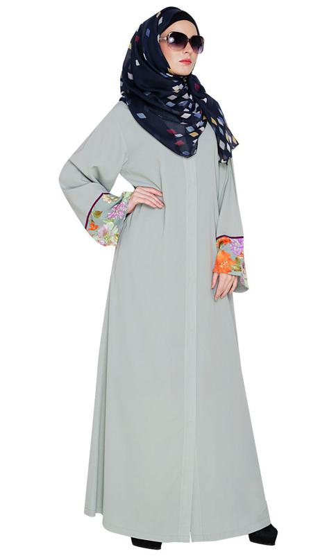 Graceful Sage Green Printed Dubai Style Abaya (Made-To-Order)