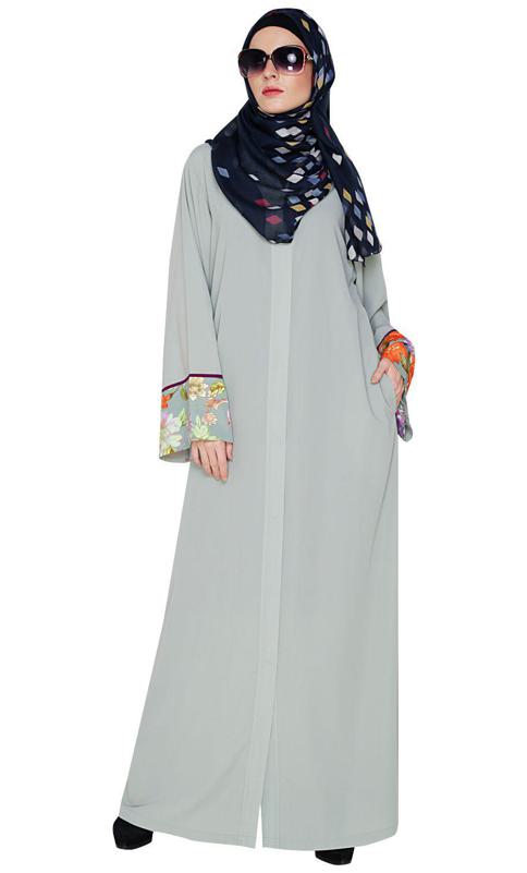 Graceful Sage Green Printed Dubai Style Abaya (Made-To-Order)