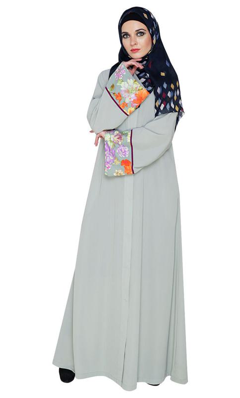 Graceful Sage Green Printed Dubai Style Abaya (Made-To-Order)