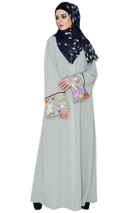 Graceful Sage Green Printed Dubai Style Abaya (Made-To-Order)