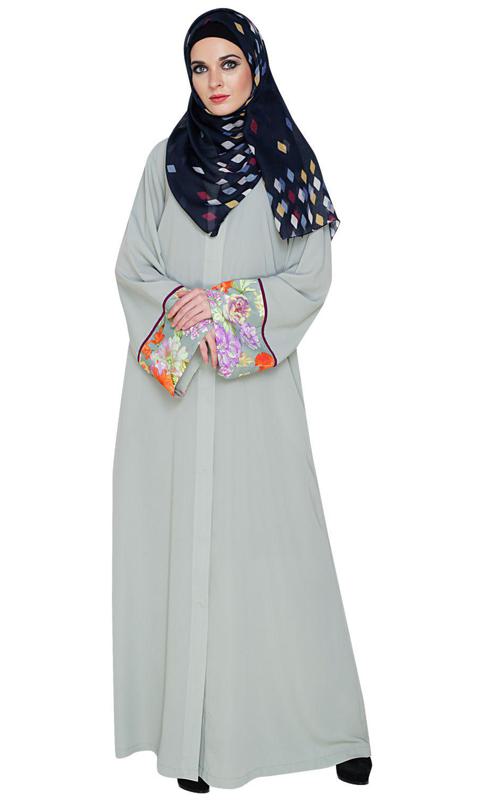 Graceful Sage Green Printed Dubai Style Abaya (Made-To-Order)