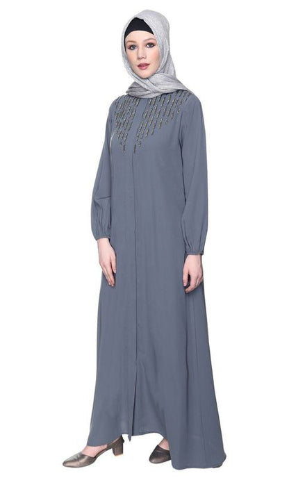 Grey Abaya With Flashy Metallic Beads Embroidery