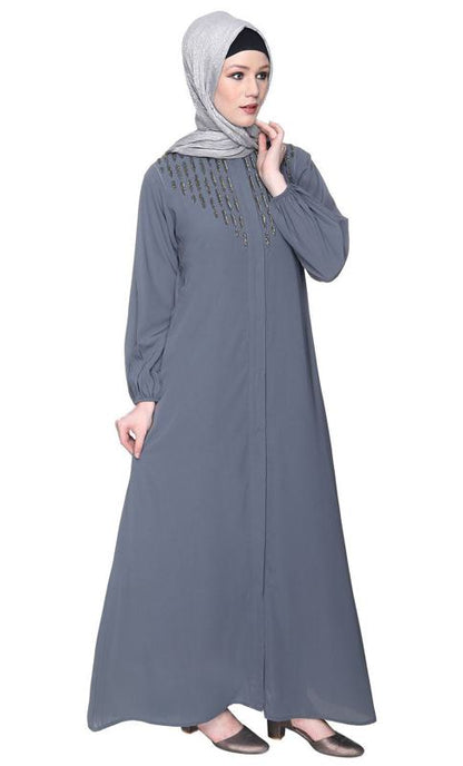 Grey Abaya With Flashy Metallic Beads Embroidery (Made-To-Order)