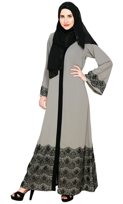 Grey And Black Laced Abaya (Made-To-Order)
