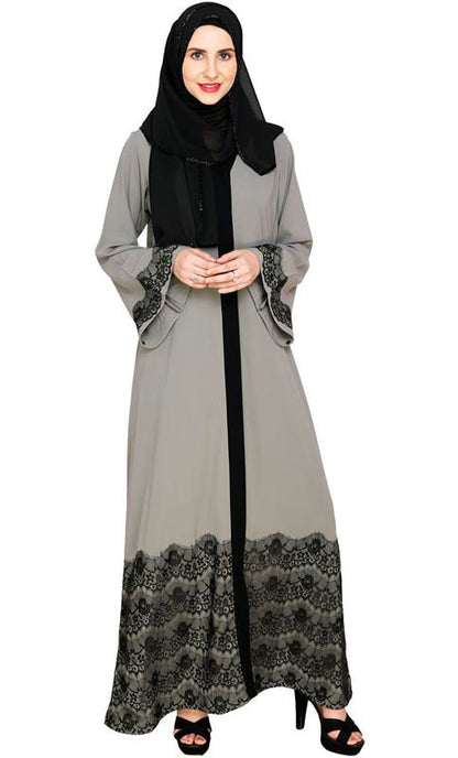Grey And Black Laced Abaya (Made-To-Order)