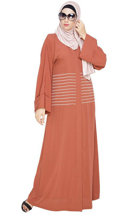 Jazzy Embroidered Brick Red Dubai Style Abaya