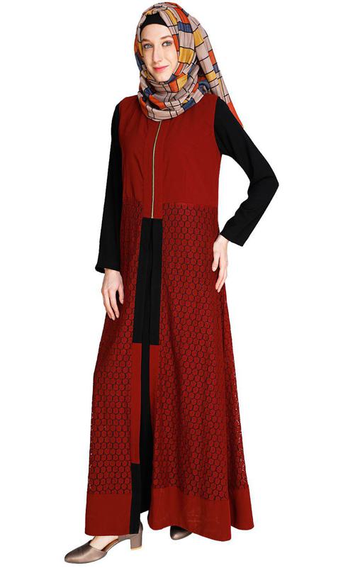 Lace Jacket Maroon Abaya